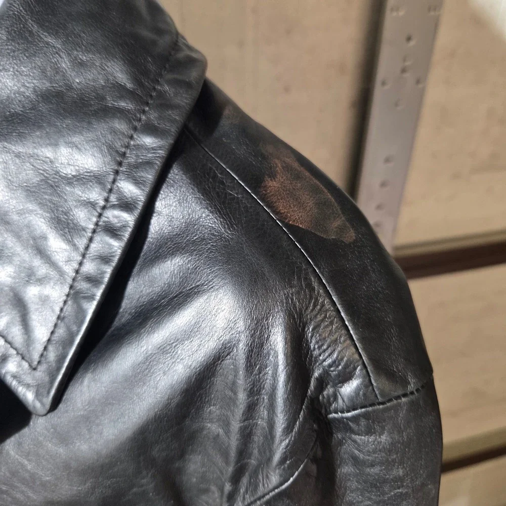 Tommy Hilfiger Mens Black Leather Car Coat Jacket Vintage Y2K Size M Medium